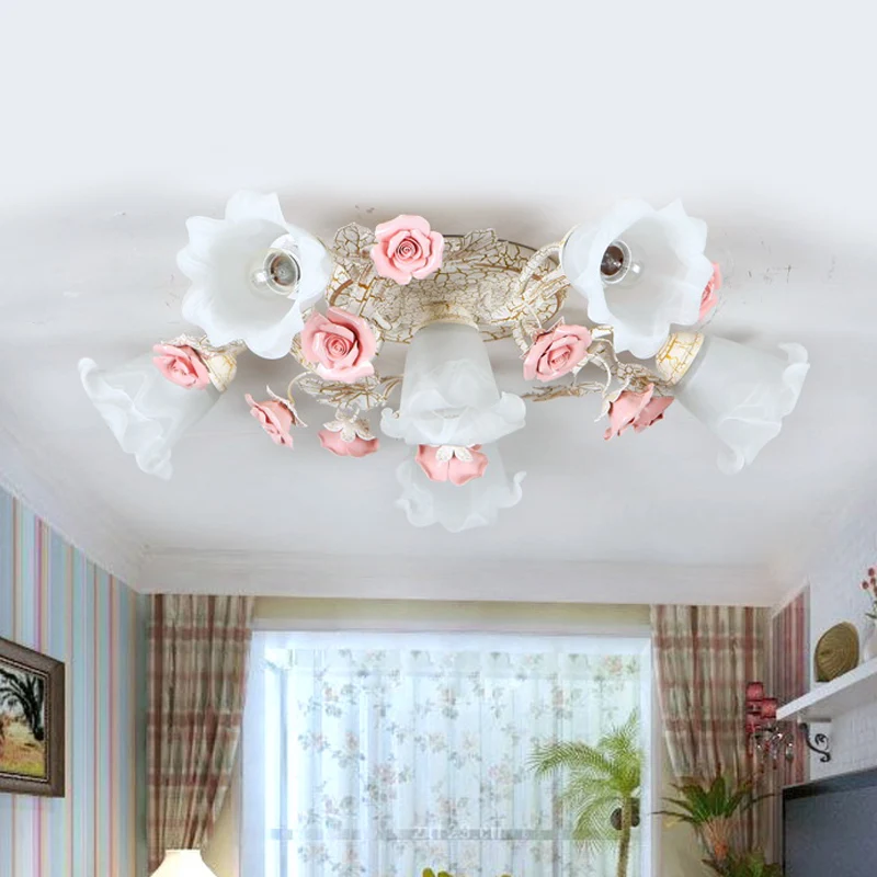 Roze 4/6 koppen semi-inbouw Amerikaanse bloem melkglas Morning Glory plafondlamp Clearhalo