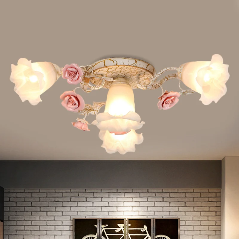 Roze 4/6 koppen semi-inbouw Amerikaanse bloem melkglas Morning Glory plafondlamp Clearhalo