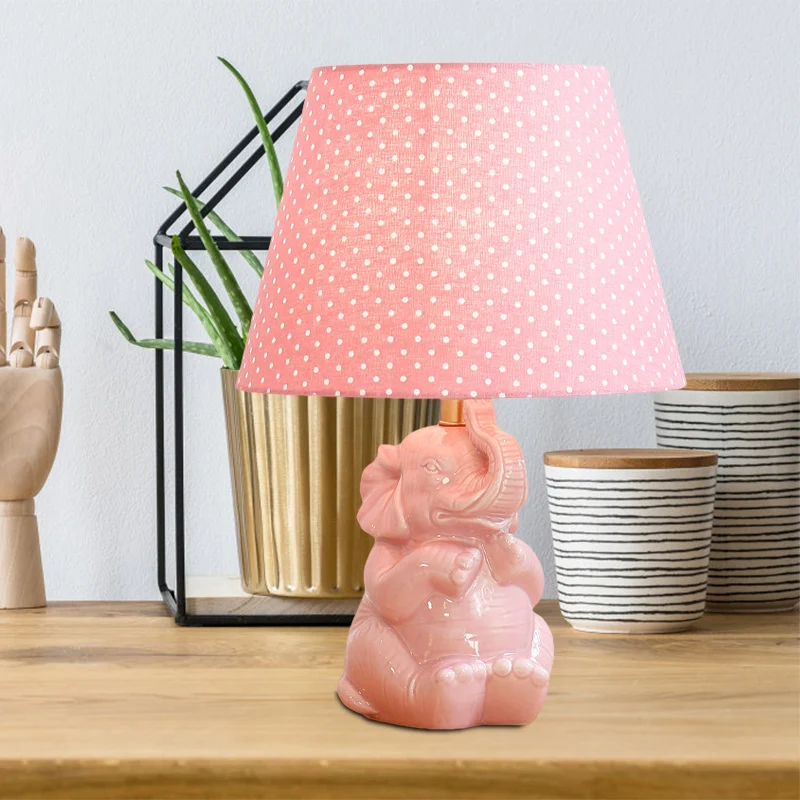 Roze olifant nachtkastje lamp moderne porseleinen tafellamp met één kop en ronde stoffen kap voor nachtkastje Clearhalo