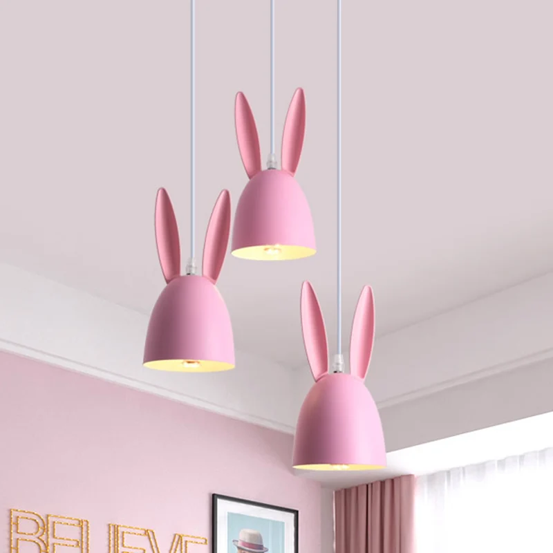Roze/blauw konijnenkap dropcluster hanglamp cartoon 3-lichts metalen hanglamp Clearhalo