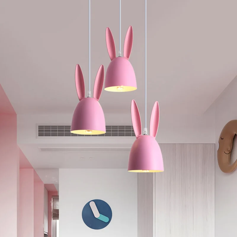 Roze/blauw konijnenkap dropcluster hanglamp cartoon 3-lichts metalen hanglamp Clearhalo