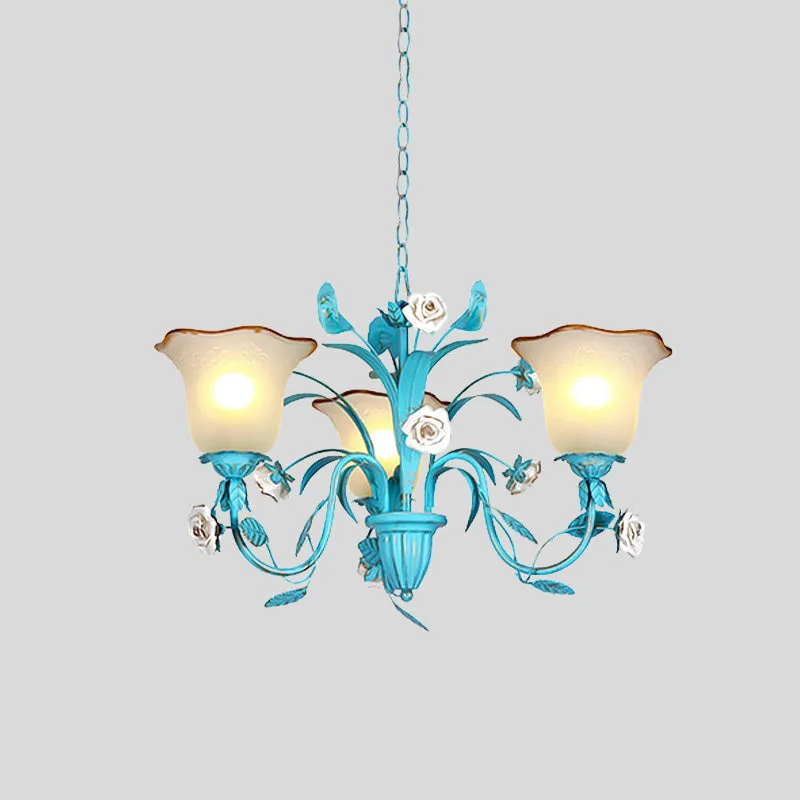 Roze/Blauwe Bloesem Plafondkroonluchter Pastoraal Melkglas 3/5 Lichten Eetkamer Hanglamp Clearhalo