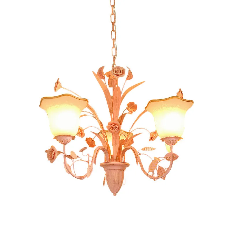 Roze/Blauwe Bloesem Plafondkroonluchter Pastoraal Melkglas 3/5 Lichten Eetkamer Hanglamp Clearhalo