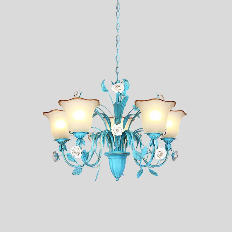 Roze/Blauwe Bloesem Plafondkroonluchter Pastoraal Melkglas 3/5 Lichten Eetkamer Hanglamp Clearhalo