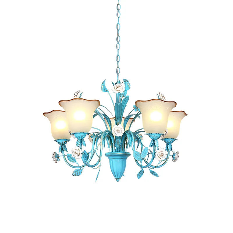 Roze/Blauwe Bloesem Plafondkroonluchter Pastoraal Melkglas 3/5 Lichten Eetkamer Hanglamp Clearhalo