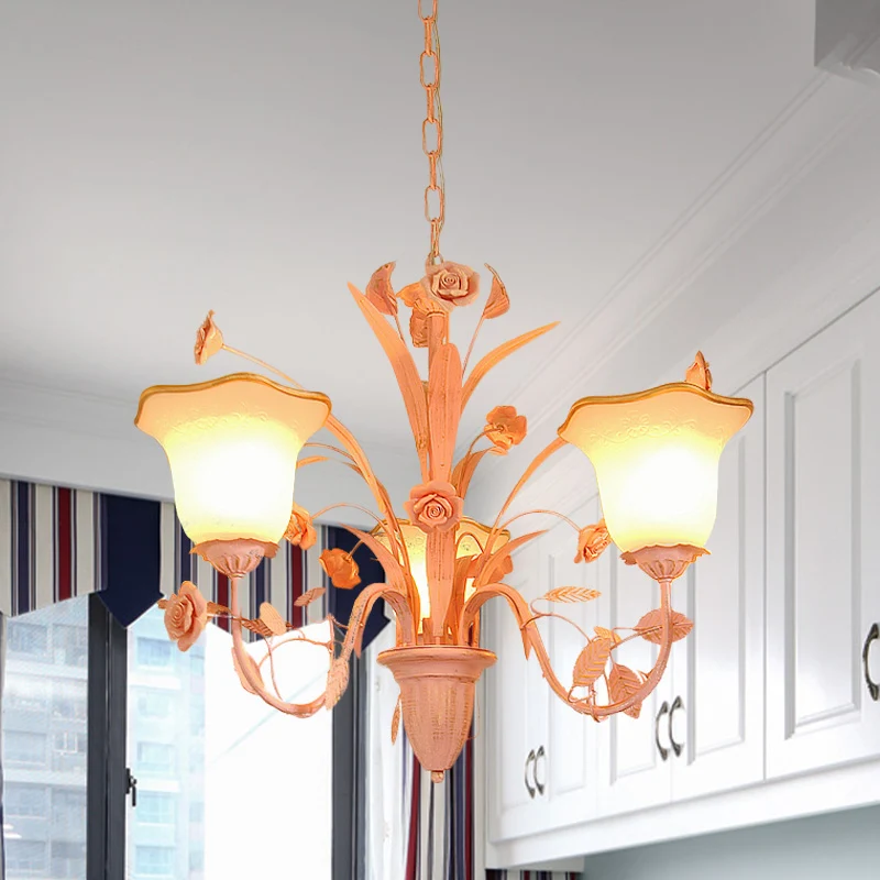 Roze/Blauwe Bloesem Plafondkroonluchter Pastoraal Melkglas 3/5 Lichten Eetkamer Hanglamp Clearhalo