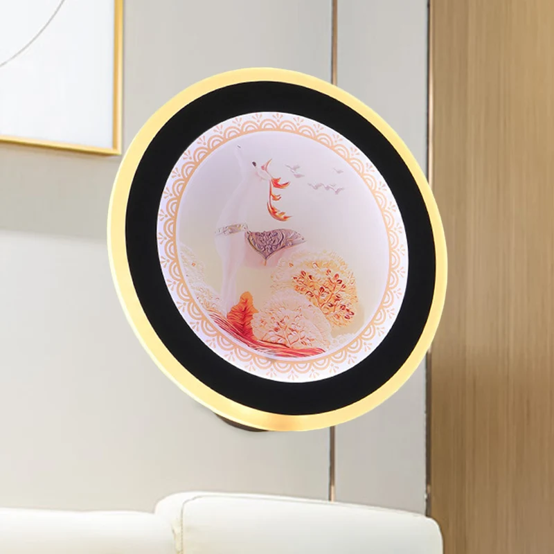 Roze/blauwe cirkelvormige muurschildering licht Azië stijl LED acryl wandverlichting idee met herten/kasteelpatroon Clearhalo