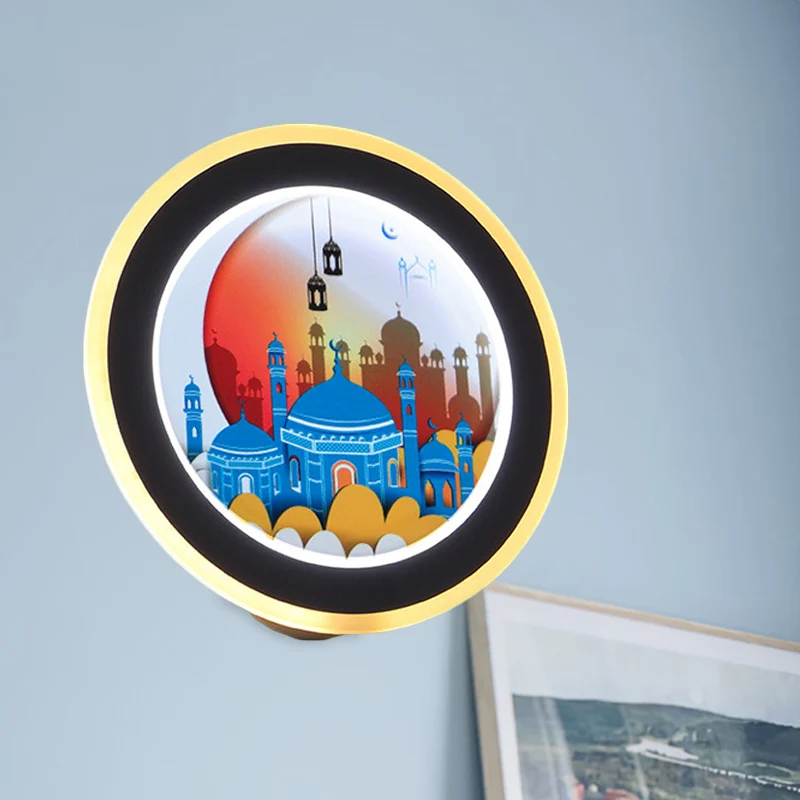 Roze/blauwe cirkelvormige muurschildering licht Azië stijl LED acryl wandverlichting idee met herten/kasteelpatroon Clearhalo