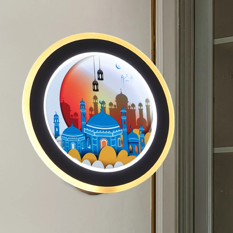 Roze/blauwe cirkelvormige muurschildering licht Azië stijl LED acryl wandverlichting idee met herten/kasteelpatroon Clearhalo