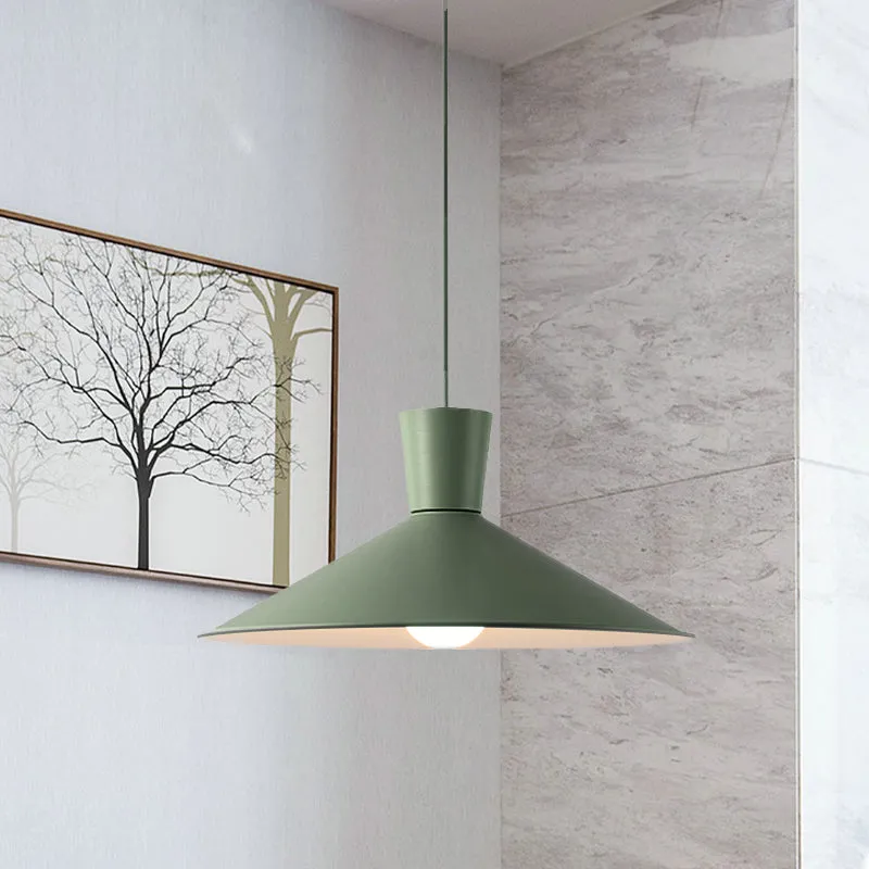 Roze/blauw/grijze kegelvormige neerwaartse verlichtingshanger Nordic 1-lichts metalen hangende hanglamp Clearhalo