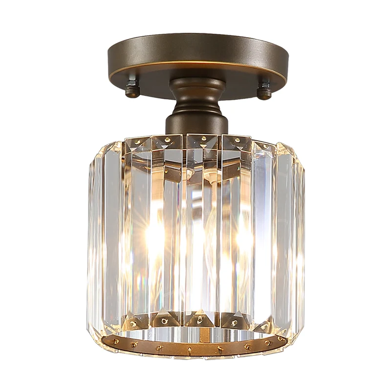 Rustieke 1-lichts plafondlamp met rechthoekig gesneden kristallen kap, messing cilinder, semi-inbouwlamp Clearhalo