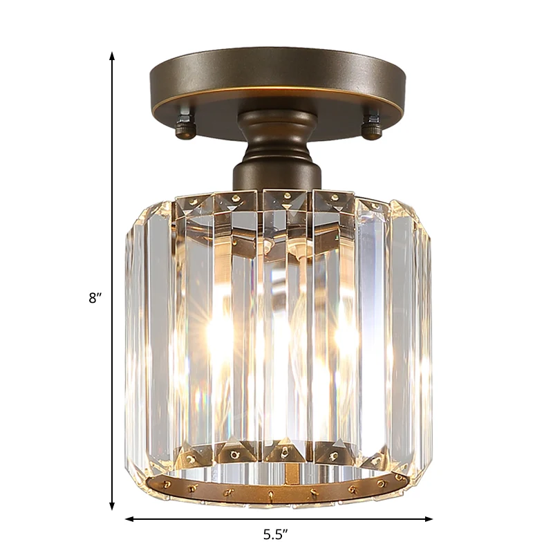 Rustieke 1-lichts plafondlamp met rechthoekig gesneden kristallen kap, messing cilinder, semi-inbouwlamp Clearhalo
