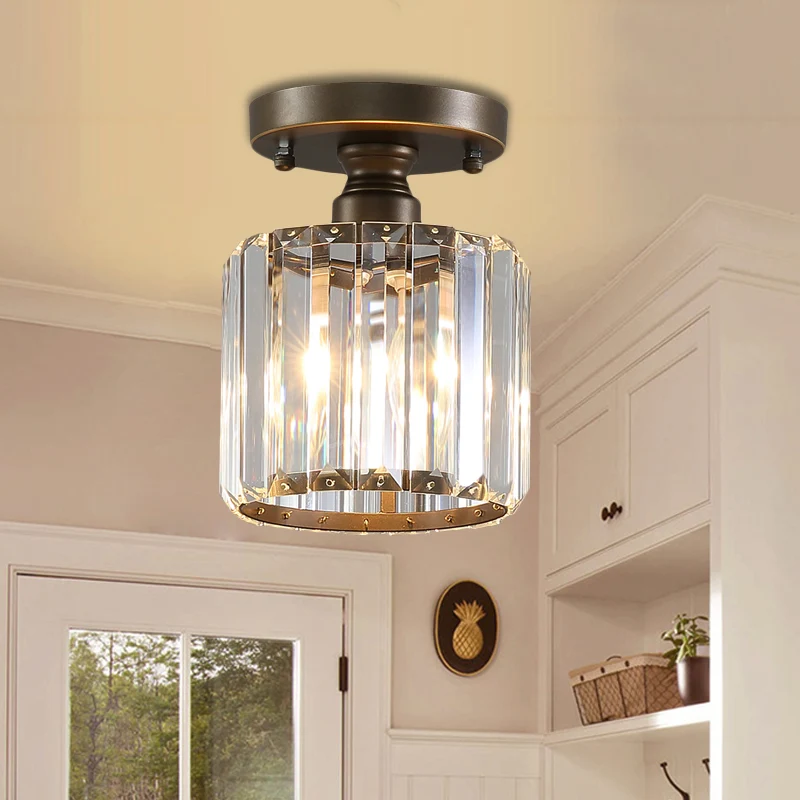 Rustieke 1-lichts plafondlamp met rechthoekig gesneden kristallen kap, messing cilinder, semi-inbouwlamp Clearhalo