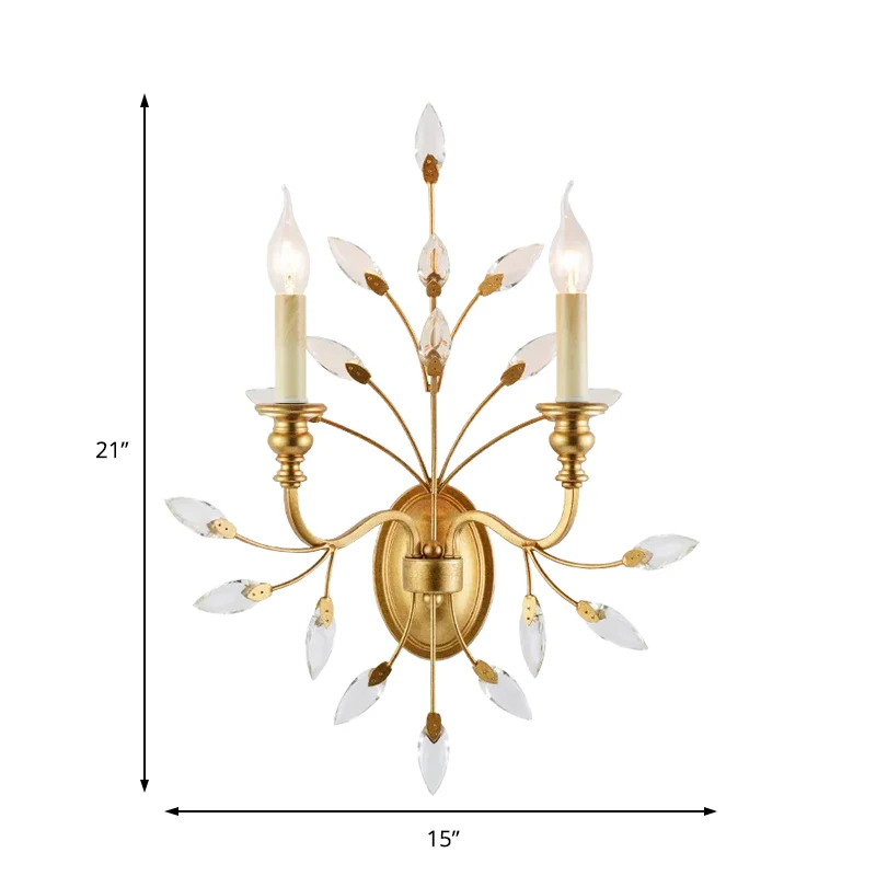 Rustieke 2-lichts wandmontagelamp met kristallen bladdecoratie Messing tak wandmontagelamp Clearhalo