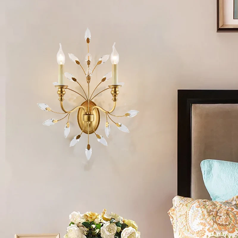 Rustieke 2-lichts wandmontagelamp met kristallen bladdecoratie Messing tak wandmontagelamp Clearhalo