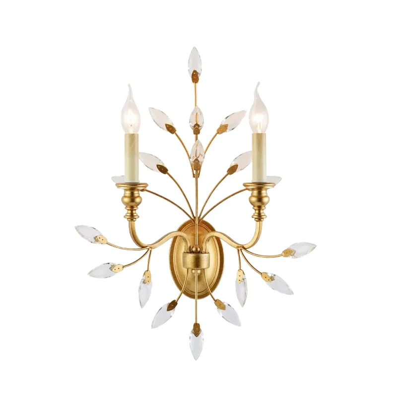 Rustieke 2-lichts wandmontagelamp met kristallen bladdecoratie Messing tak wandmontagelamp Clearhalo