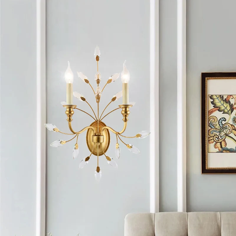 Rustieke 2-lichts wandmontagelamp met kristallen bladdecoratie Messing tak wandmontagelamp Clearhalo