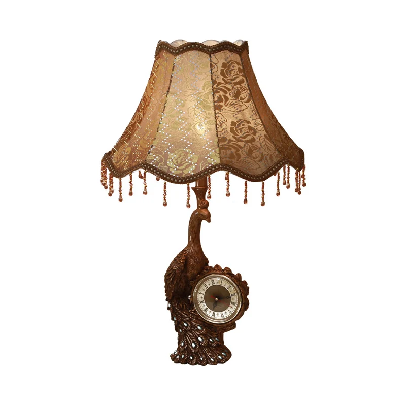 Rustieke Bell staande bureaulamp, 1 tafellamp van licht bedrukte stof lichtbruin met pauw en klok Clearhalo
