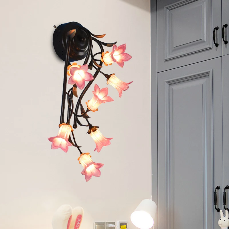 Rustieke bloesem wandlamp 7 lichts wit/groen/paars glazen schans goud voor woonkamer Clearhalo