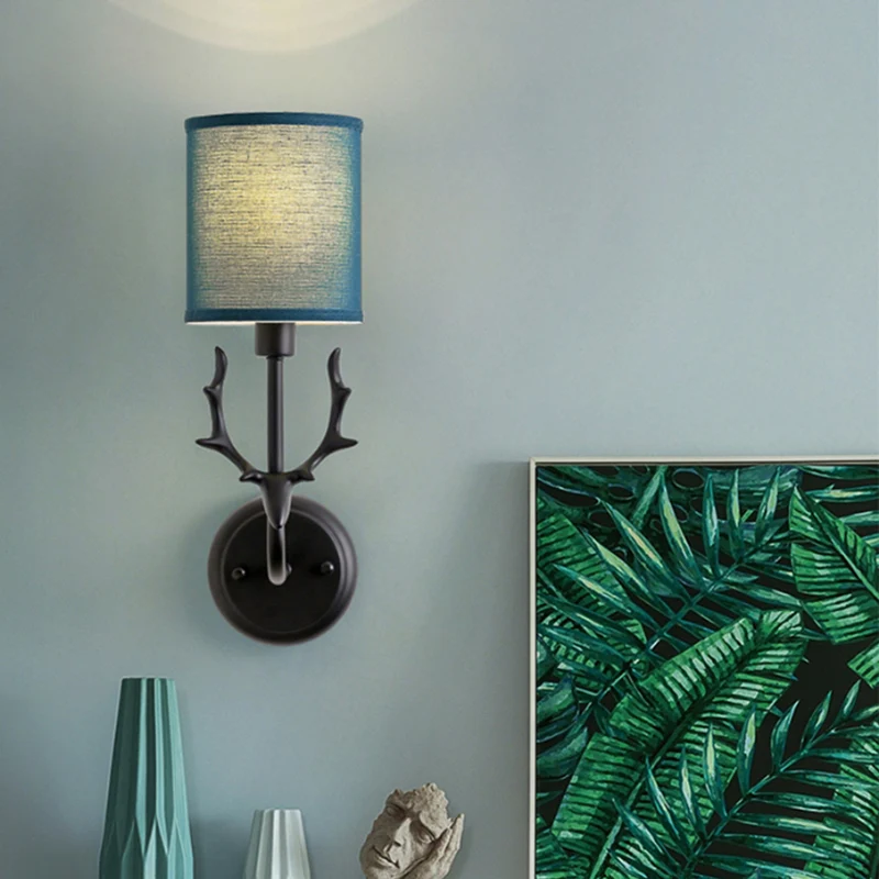 Rustieke cilinderlamp met 1 lamp, wandlamp van hars en stof zwart/wit met geweidecoratie Clearhalo