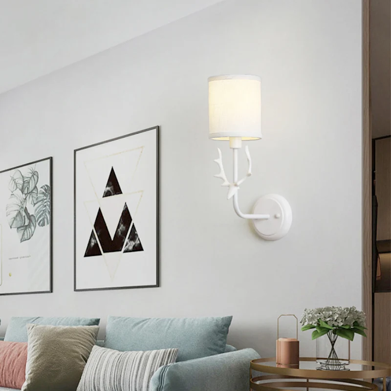 Rustieke cilinderlamp met 1 lamp, wandlamp van hars en stof zwart/wit met geweidecoratie Clearhalo