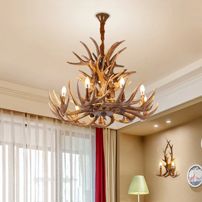 Rustieke hertengewei kroonluchterlamp 21,5"/25,5"/27,5" breed 9/12 hoofden hars plafond hangend licht bruin voor woonkamer...