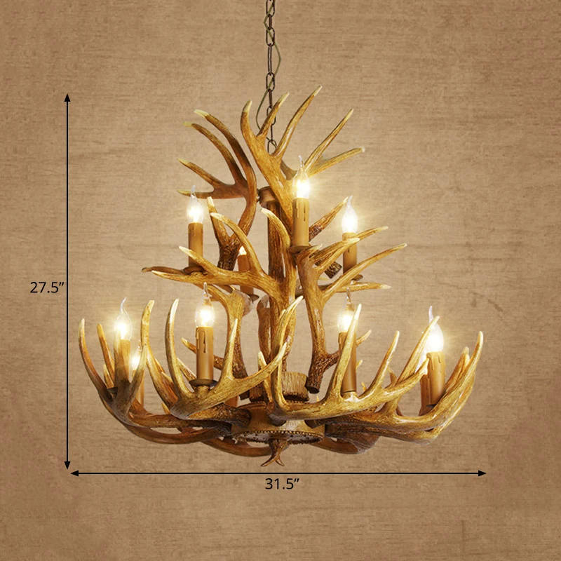 Rustieke hertengewei kroonluchterlamp 21,5"/25,5"/27,5" breed 9/12 hoofden hars plafond hangend licht bruin voor woonkamer...