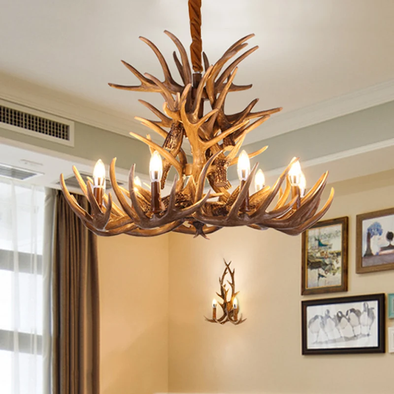 Rustieke hertengewei kroonluchterlamp 21,5"/25,5"/27,5" breed 9/12 hoofden hars plafond hangend licht bruin voor woonkamer...