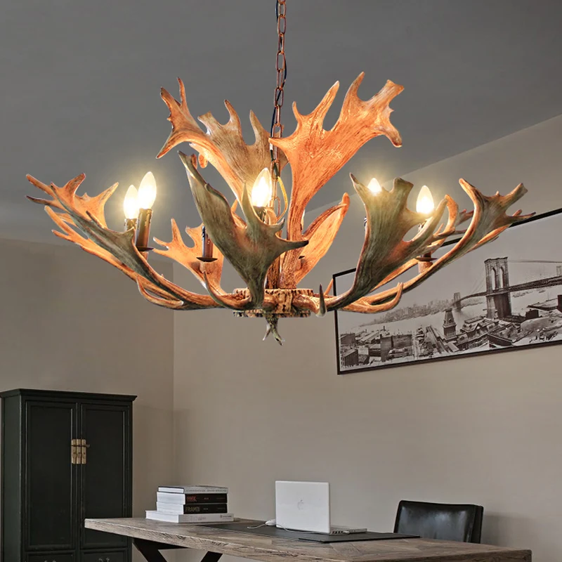 Rustieke hertengewei plafondkroonluchter 8 koppen hars ophanging hanglamp bruin voor restaurant Clearhalo