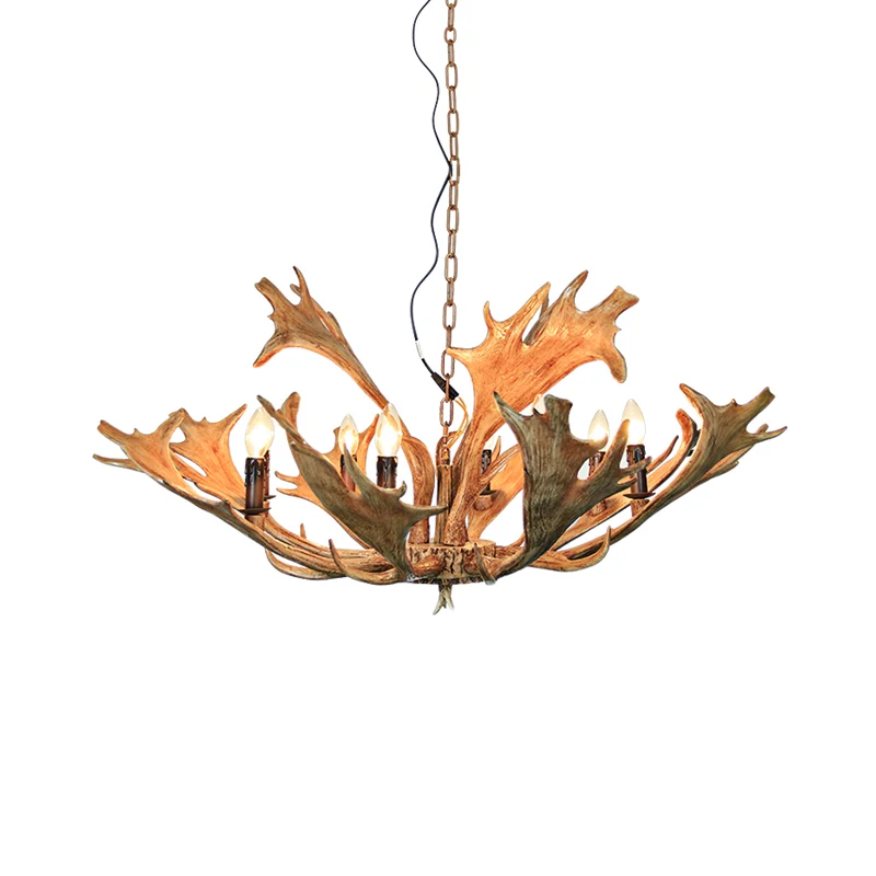 Rustieke hertengewei plafondkroonluchter 8 koppen hars ophanging hanglamp bruin voor restaurant Clearhalo