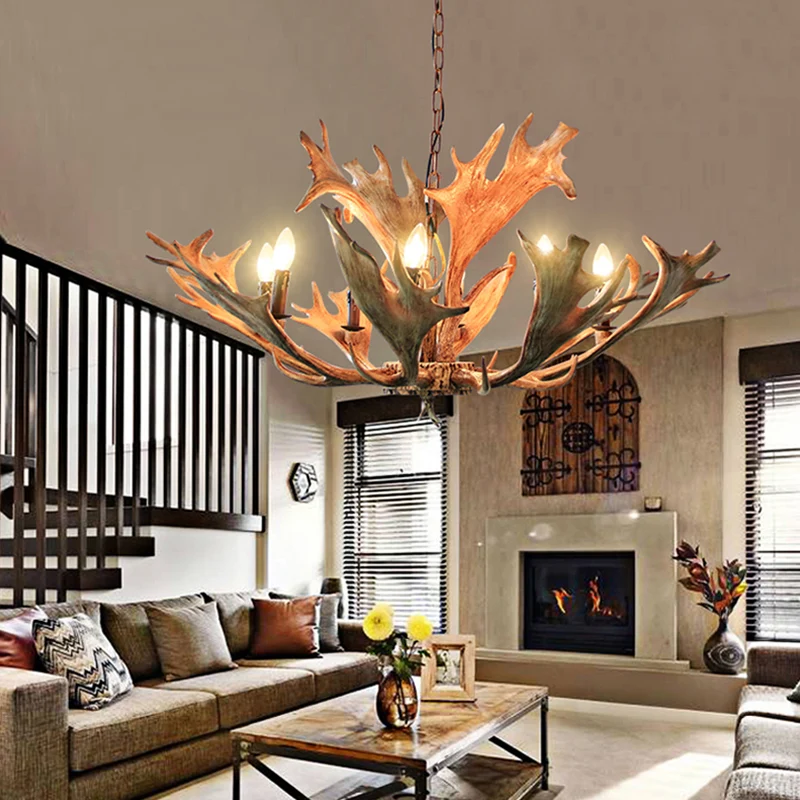 Rustieke hertengewei plafondkroonluchter 8 koppen hars ophanging hanglamp bruin voor restaurant Clearhalo
