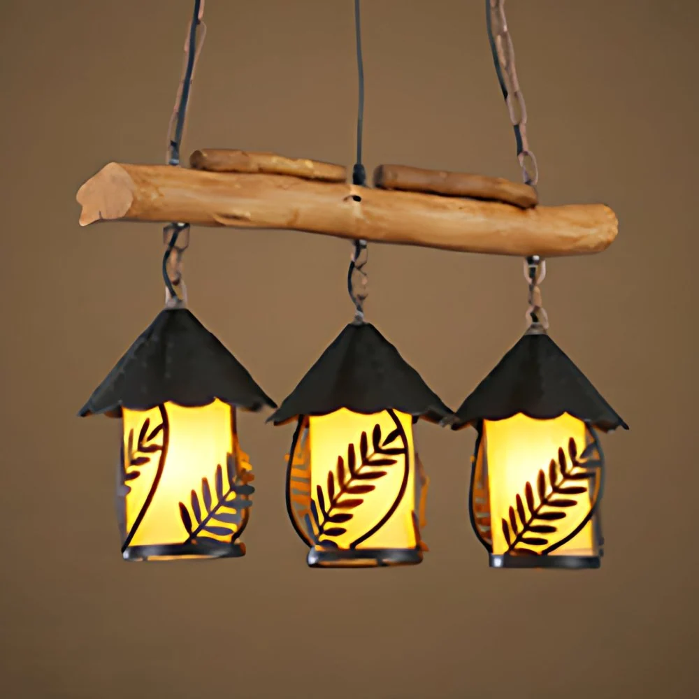 Rustieke Loft Lantaarn Ophanglamp Stoffen Schaduw Triple Light Drop Plafondlamp Clearhalo