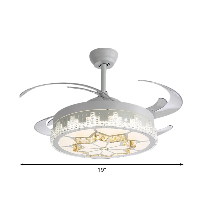 Scandinavische ronde semi-inbouwlamp met 4 bladen, kristallen woonkamer LED-hangende ventilatorlamp wit, 19" breed Clearhalo