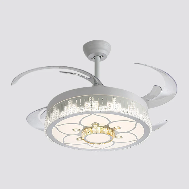Scandinavische ronde semi-inbouwlamp met 4 bladen, kristallen woonkamer LED-hangende ventilatorlamp wit, 19" breed Clearhalo