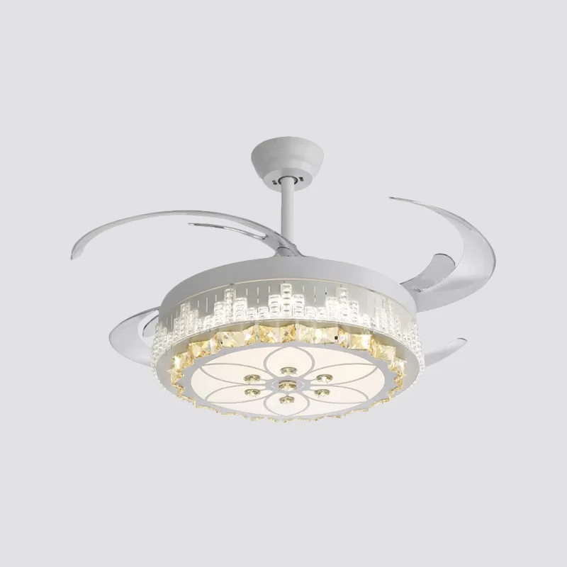 Scandinavische ronde semi-inbouwlamp met 4 bladen, kristallen woonkamer LED-hangende ventilatorlamp wit, 19" breed Clearhalo
