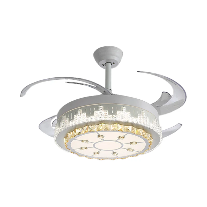 Scandinavische ronde semi-inbouwlamp met 4 bladen, kristallen woonkamer LED-hangende ventilatorlamp wit, 19" breed Clearhalo