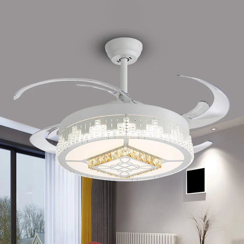 Scandinavische ronde semi-inbouwlamp met 4 bladen, kristallen woonkamer LED-hangende ventilatorlamp wit, 19" breed Clearhalo