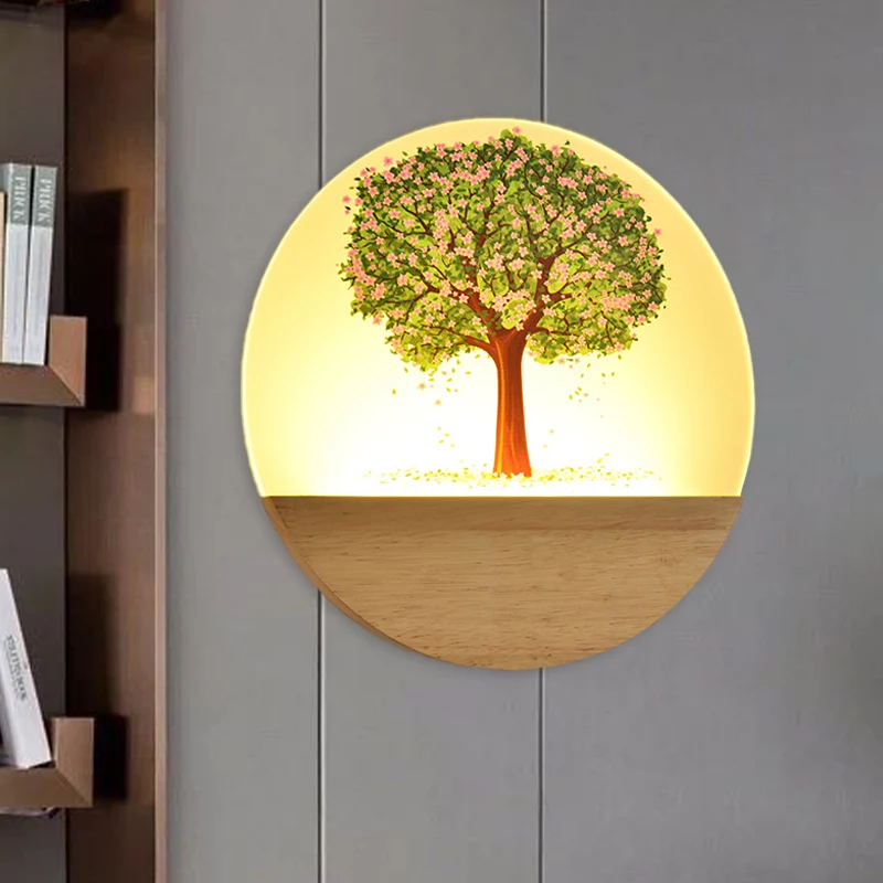 Scandinavische stijl ronde boom muurschildering lamp acryl LED logeerkamer wandgemonteerde lichtarmatuur hout Clearhalo