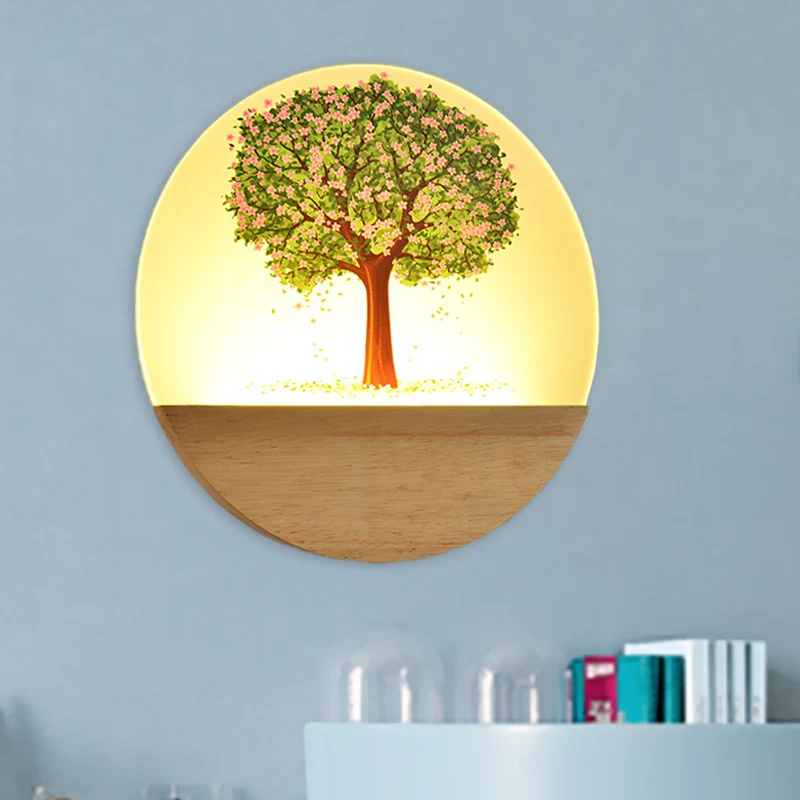 Scandinavische stijl ronde boom muurschildering lamp acryl LED logeerkamer wandgemonteerde lichtarmatuur hout Clearhalo