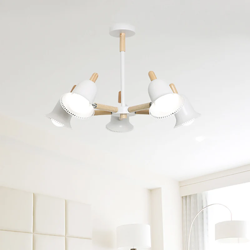 Scandinavische stijlvolle witte plafondhanger, belschaduw, meerkoppige houten kroonluchter voor woonkamer Clearhalo