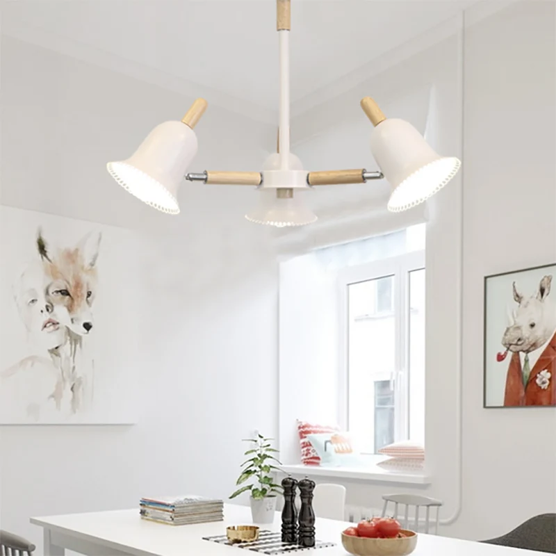 Scandinavische stijlvolle witte plafondhanger, belschaduw, meerkoppige houten kroonluchter voor woonkamer Clearhalo