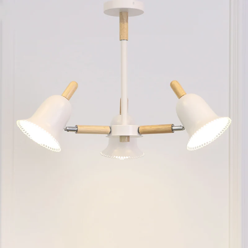 Scandinavische stijlvolle witte plafondhanger, belschaduw, meerkoppige houten kroonluchter voor woonkamer Clearhalo