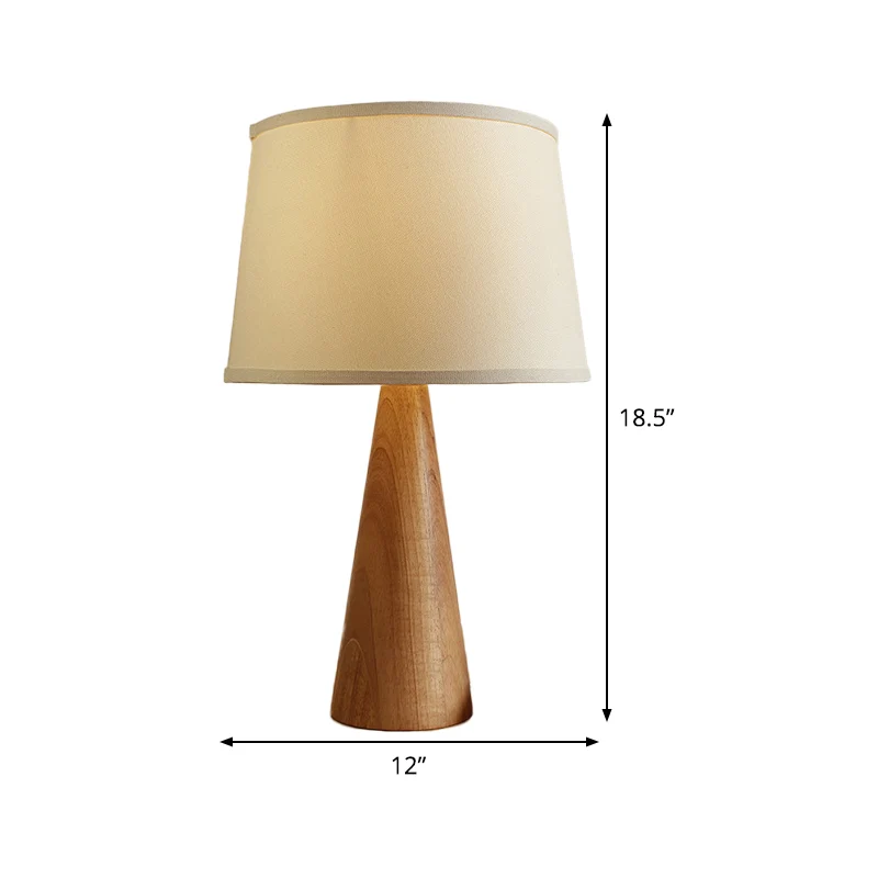 Schaduwrijke stoffen tafellamp Modern 1-lamps witte nachtkastjelamp, conische bruine houten voet Clearhalo