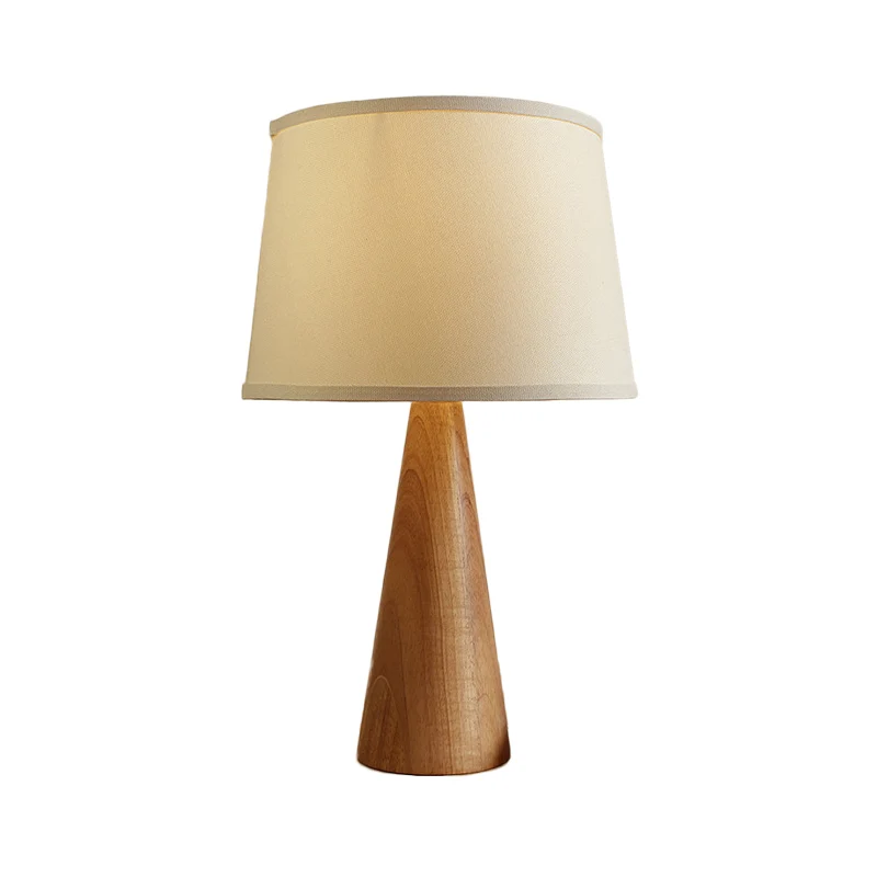 Schaduwrijke stoffen tafellamp Modern 1-lamps witte nachtkastjelamp, conische bruine houten voet Clearhalo