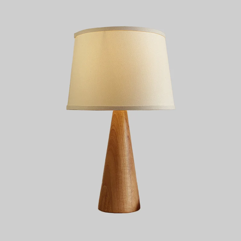 Schaduwrijke stoffen tafellamp Modern 1-lamps witte nachtkastjelamp, conische bruine houten voet Clearhalo