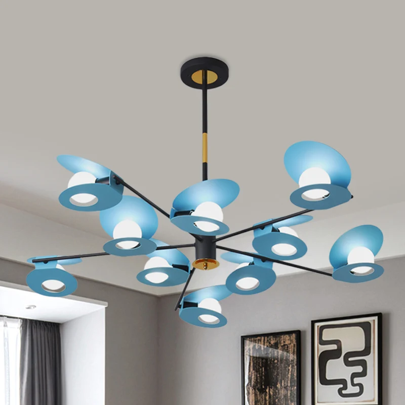 Schijfophanglicht eigentijds metallic 10 lampen woonkamerkroonluchterlamp blauw met uitgehold ontwerp Clearhalo