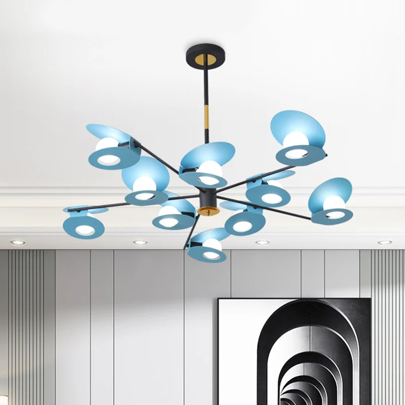 Schijfophanglicht eigentijds metallic 10 lampen woonkamerkroonluchterlamp blauw met uitgehold ontwerp Clearhalo