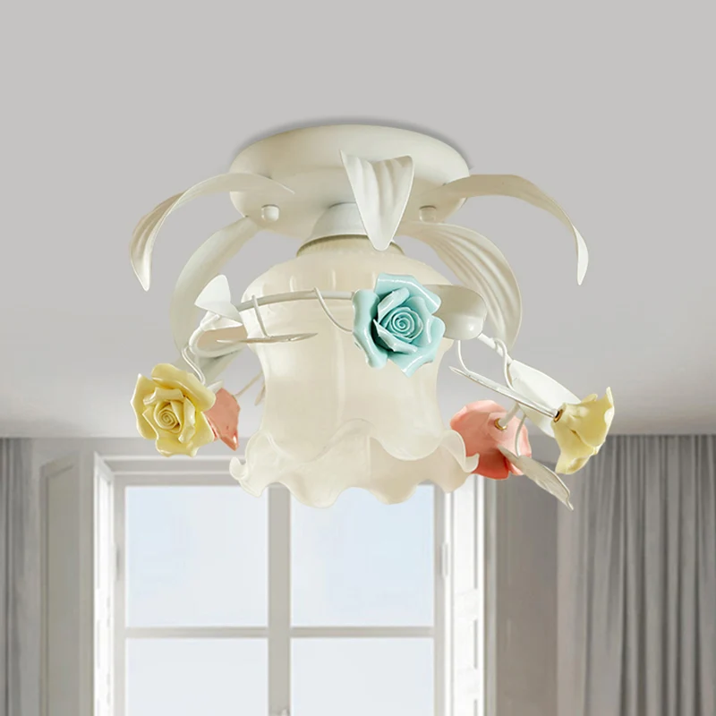 Semi-gemonteerde verlichting met enkele volants, Koreaanse bloem, wit/groen matglas, dicht bij plafondlamp Clearhalo