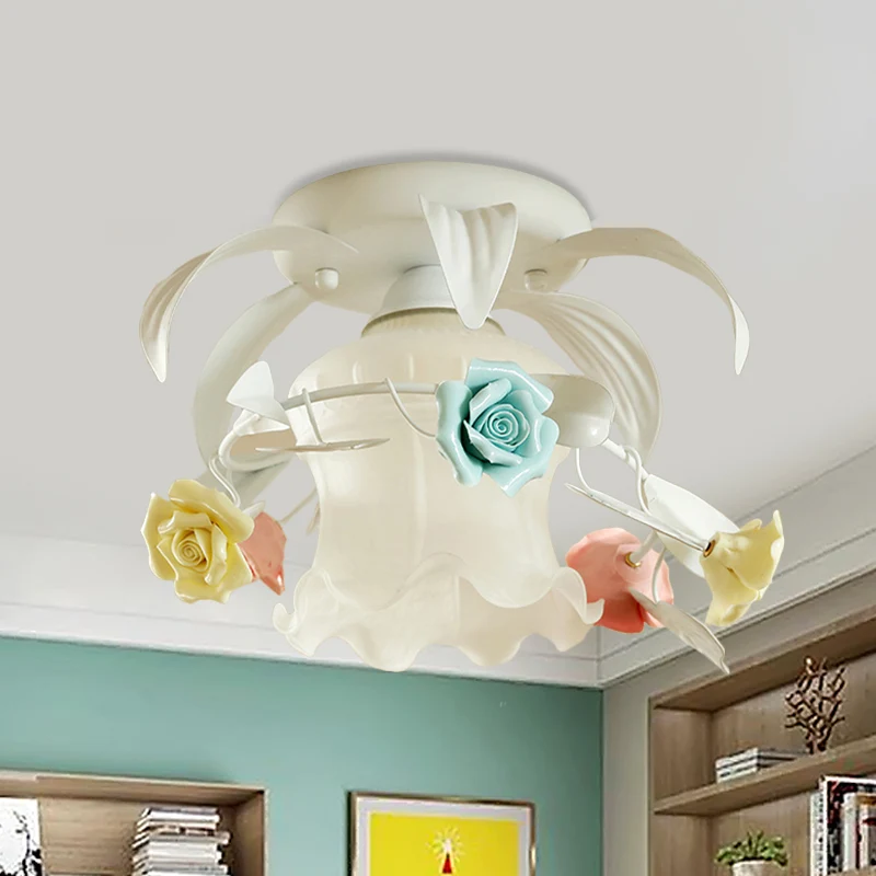 Semi-gemonteerde verlichting met enkele volants, Koreaanse bloem, wit/groen matglas, dicht bij plafondlamp Clearhalo