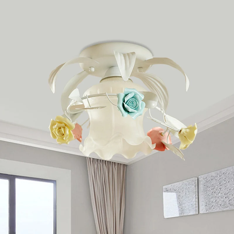 Semi-gemonteerde verlichting met enkele volants, Koreaanse bloem, wit/groen matglas, dicht bij plafondlamp Clearhalo